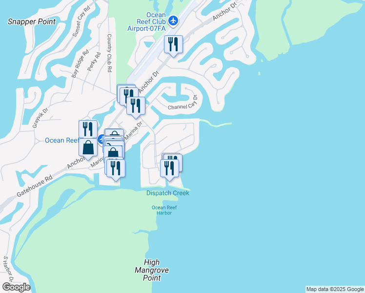 map of restaurants, bars, coffee shops, grocery stores, and more near 209 Andros Road in Key Largo