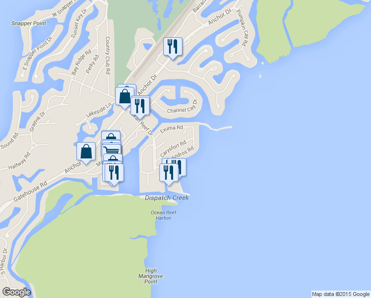 map of restaurants, bars, coffee shops, grocery stores, and more near 210 Andros Rd in Key Largo
