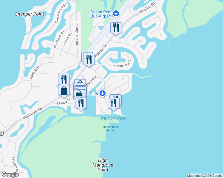 map of restaurants, bars, coffee shops, grocery stores, and more near 404 Carysfort Road in Key Largo