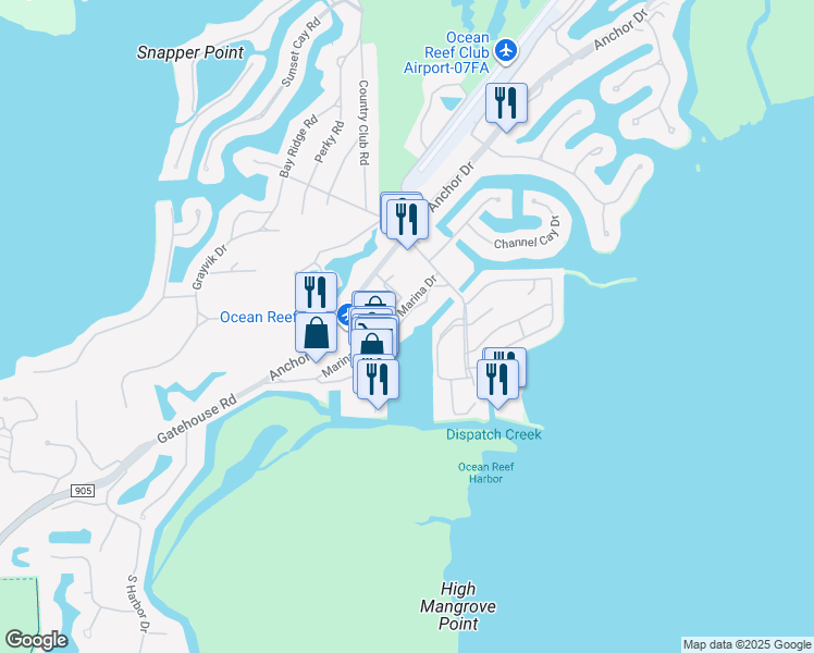 map of restaurants, bars, coffee shops, grocery stores, and more near 8 Marina Drive in Key Largo