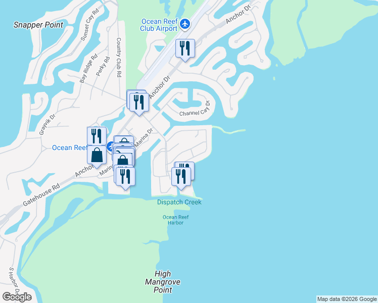 map of restaurants, bars, coffee shops, grocery stores, and more near 210 Andros Road in Key Largo