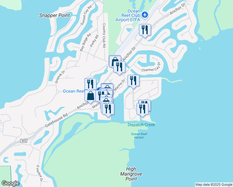 map of restaurants, bars, coffee shops, grocery stores, and more near 8 Marina Drive in Key Largo