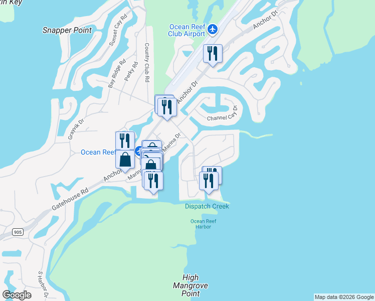map of restaurants, bars, coffee shops, grocery stores, and more near 516 Beach Road in Key Largo