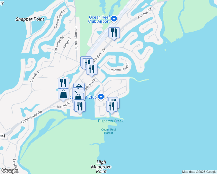 map of restaurants, bars, coffee shops, grocery stores, and more near 404 Carysfort Road in Key Largo