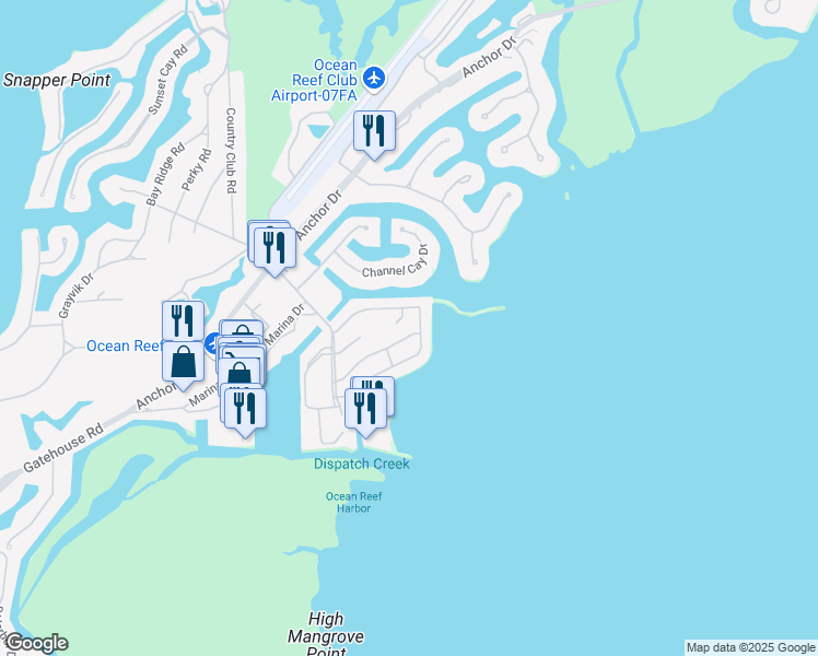 map of restaurants, bars, coffee shops, grocery stores, and more near 16 Exuma Terrace in Key Largo