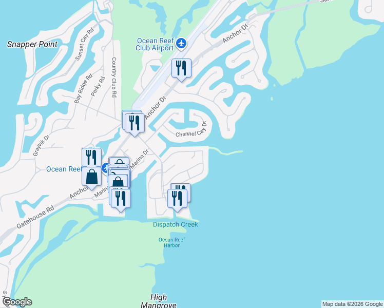 map of restaurants, bars, coffee shops, grocery stores, and more near 16 Exuma Terrace in Key Largo