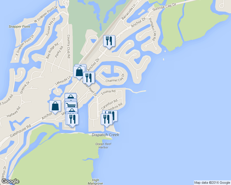 map of restaurants, bars, coffee shops, grocery stores, and more near 16 Exuma Terrace in Key Largo