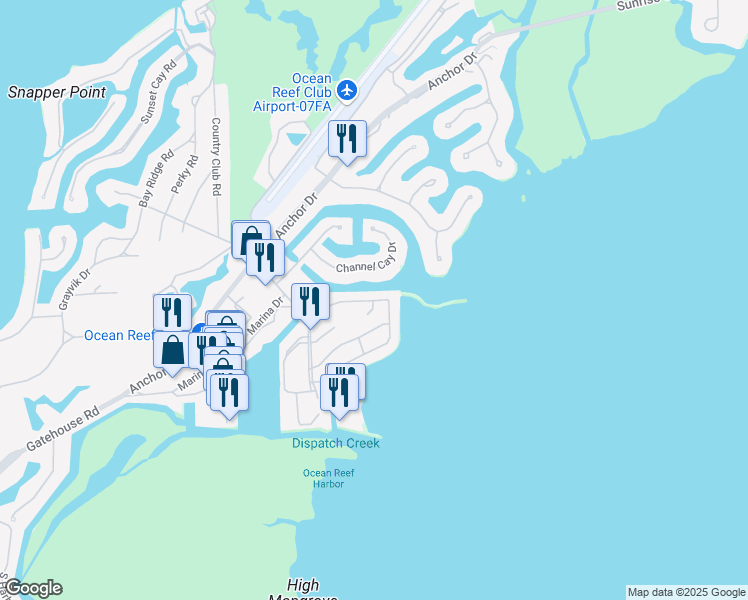 map of restaurants, bars, coffee shops, grocery stores, and more near 16 Exuma Terrace in Key Largo