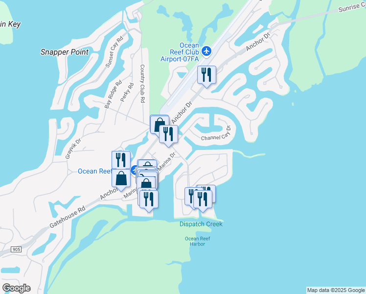 map of restaurants, bars, coffee shops, grocery stores, and more near 1 Exuma Road in Key Largo