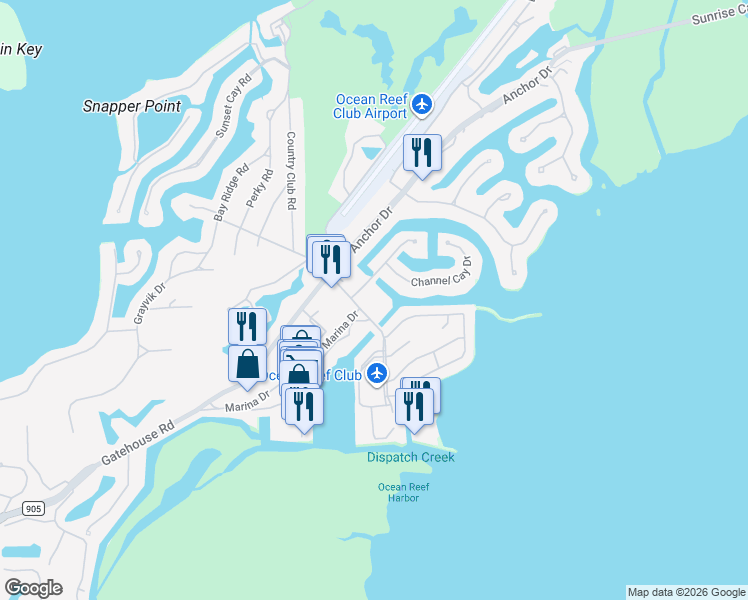 map of restaurants, bars, coffee shops, grocery stores, and more near 1 Exuma Road in Key Largo