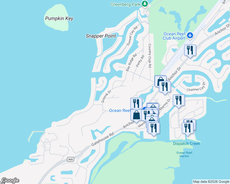 map of restaurants, bars, coffee shops, grocery stores, and more near 7 Grayvik Drive in Key Largo