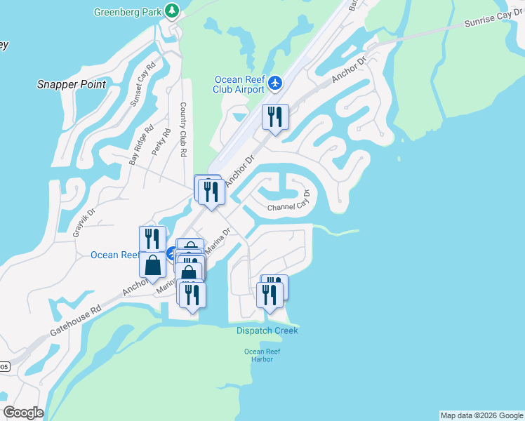 map of restaurants, bars, coffee shops, grocery stores, and more near 1 Channel Cay Drive in Key Largo