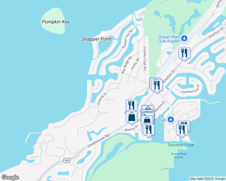 map of restaurants, bars, coffee shops, grocery stores, and more near 6 Grayvik Drive in Key Largo