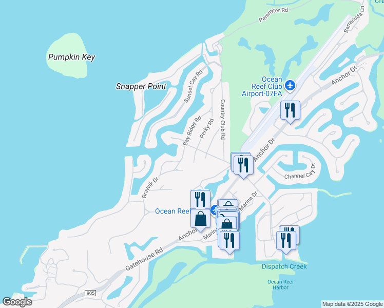 map of restaurants, bars, coffee shops, grocery stores, and more near 7 Perky Road in Key Largo