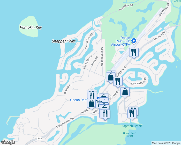 map of restaurants, bars, coffee shops, grocery stores, and more near 7 Perky Road in Key Largo