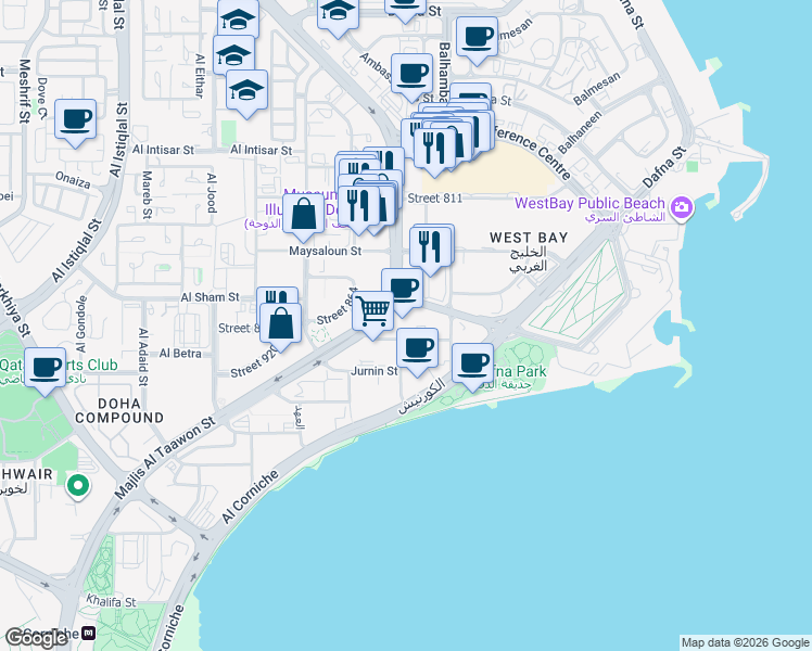 map of restaurants, bars, coffee shops, grocery stores, and more near Majlis Al Taawon Street in Doha