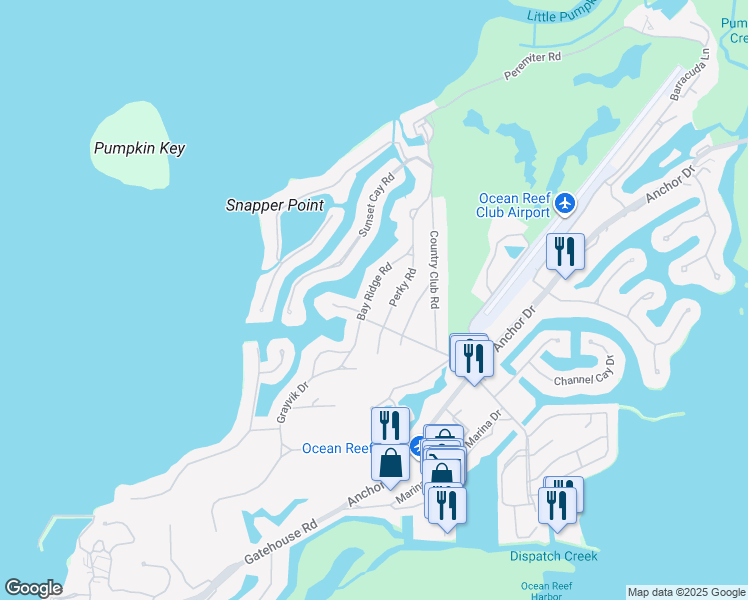 map of restaurants, bars, coffee shops, grocery stores, and more near 20 Bay Ridge Road in Key Largo