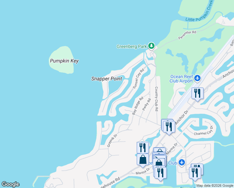 map of restaurants, bars, coffee shops, grocery stores, and more near 30 East Snapper Point Drive in Key Largo