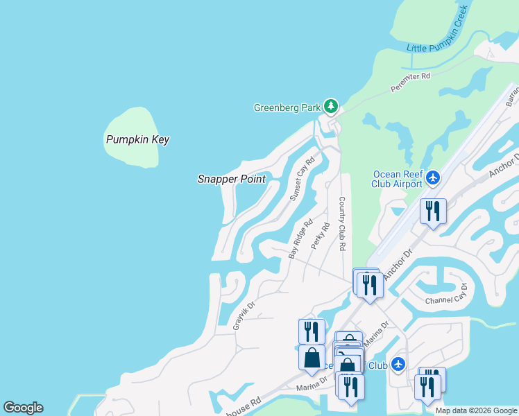 map of restaurants, bars, coffee shops, grocery stores, and more near 30 East Snapper Point Drive in Key Largo