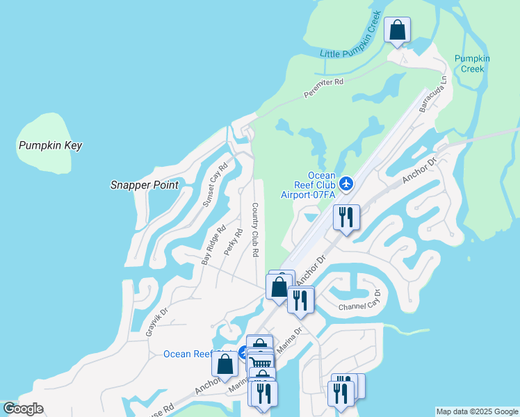 map of restaurants, bars, coffee shops, grocery stores, and more near 26 Country Club Road in Key Largo