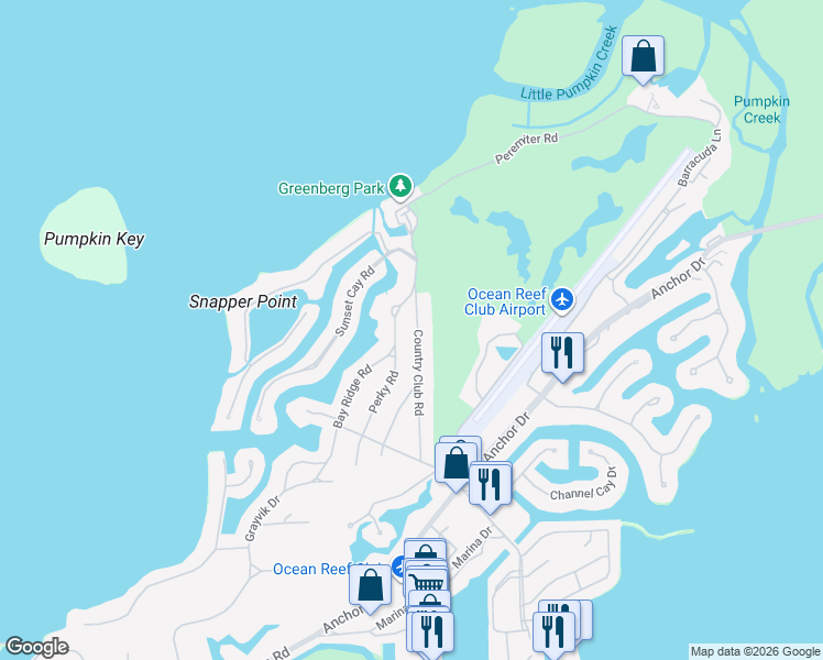 map of restaurants, bars, coffee shops, grocery stores, and more near 34 Bay Ridge Road in Key Largo