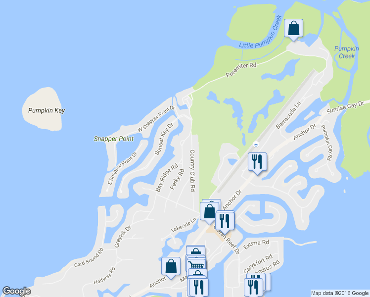 map of restaurants, bars, coffee shops, grocery stores, and more near 34 Bay Ridge Road in Key Largo