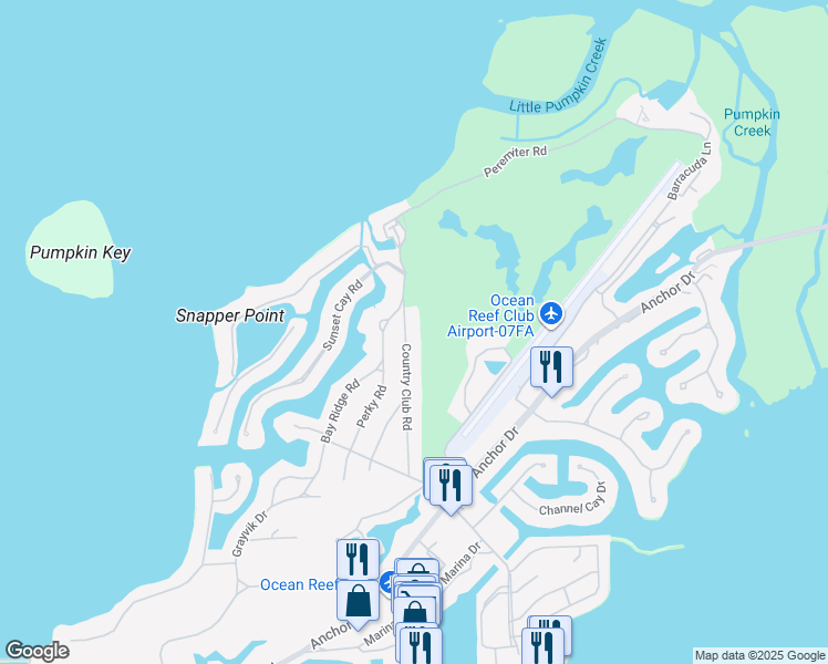 map of restaurants, bars, coffee shops, grocery stores, and more near 26 Country Club Road in Key Largo