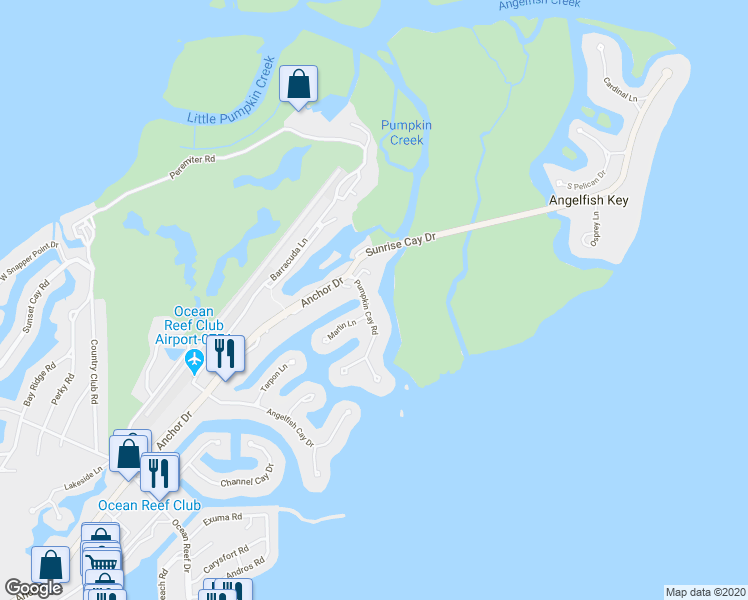 map of restaurants, bars, coffee shops, grocery stores, and more near 15 Pumpkin Cay Road in Key Largo