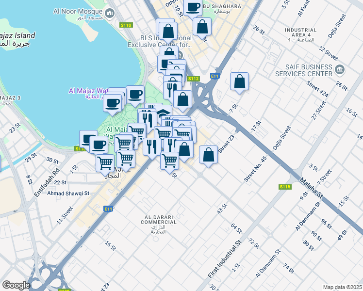 map of restaurants, bars, coffee shops, grocery stores, and more near Al Wahda St in Sharjah