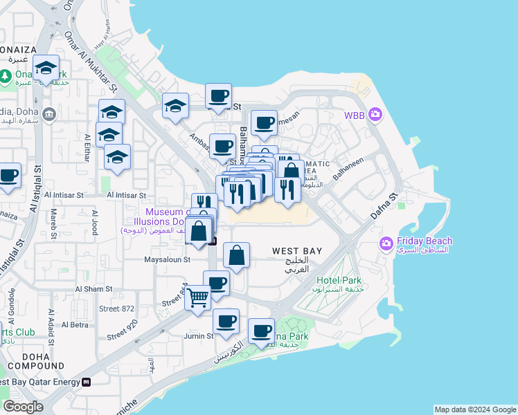map of restaurants, bars, coffee shops, grocery stores, and more near Conference Centre in Doha