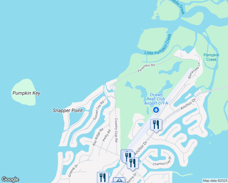 map of restaurants, bars, coffee shops, grocery stores, and more near 1 Perimeter Road in Key Largo