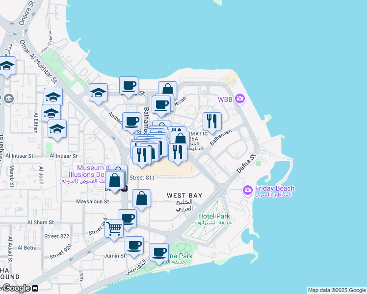 map of restaurants, bars, coffee shops, grocery stores, and more near Conference Centre in Doha