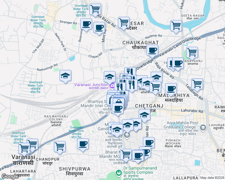 map of restaurants, bars, coffee shops, grocery stores, and more near C-32/4 Vidyapeeth Road in Varanasi