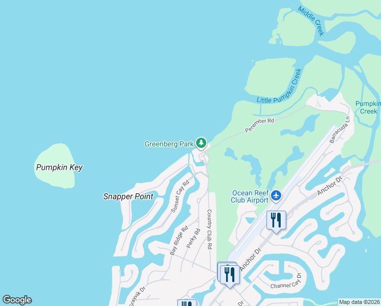 map of restaurants, bars, coffee shops, grocery stores, and more near 1-54 Perimeter Road in Key Largo