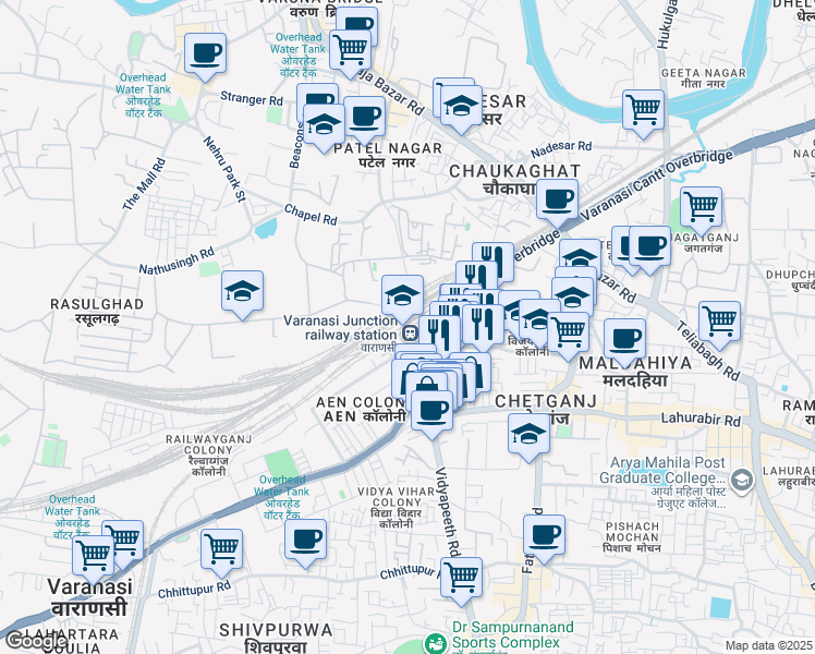 map of restaurants, bars, coffee shops, grocery stores, and more near in Varanasi