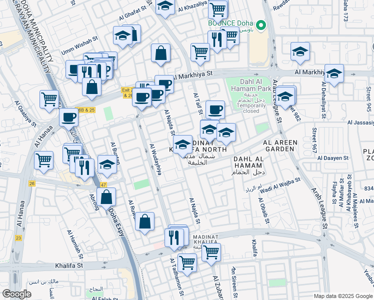 map of restaurants, bars, coffee shops, grocery stores, and more near Al Matla Street in Doha