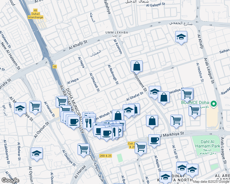 map of restaurants, bars, coffee shops, grocery stores, and more near Al Masarra St in Doha