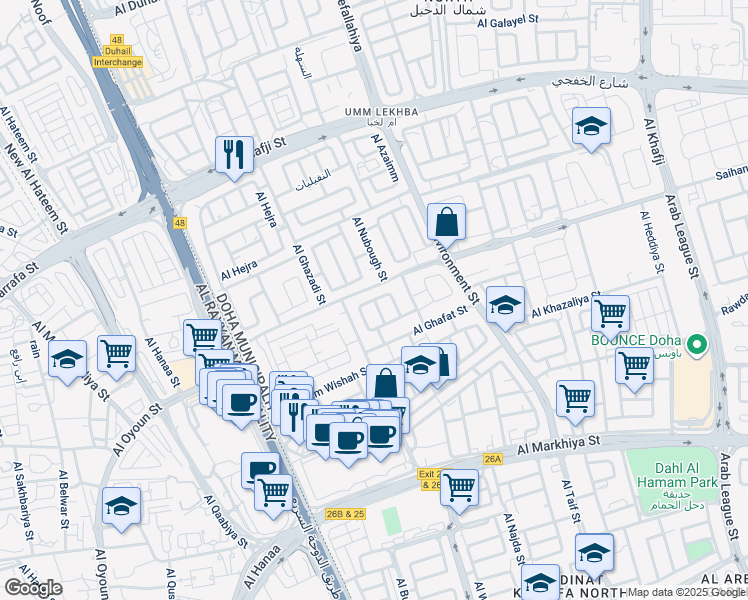 map of restaurants, bars, coffee shops, grocery stores, and more near Al Masarra St in Doha