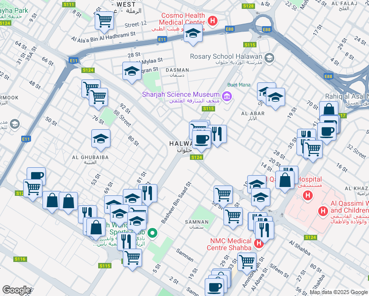 map of restaurants, bars, coffee shops, grocery stores, and more near in Sharjah