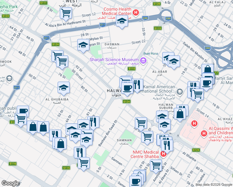 map of restaurants, bars, coffee shops, grocery stores, and more near in Sharjah