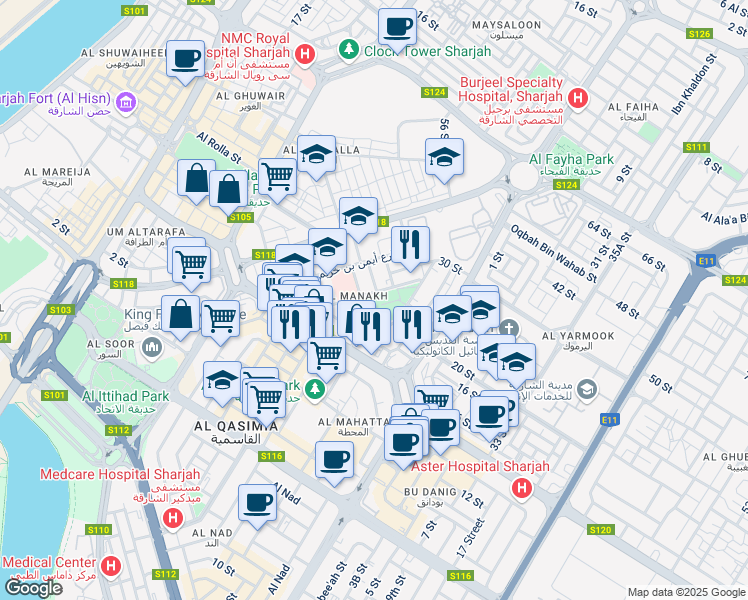 map of restaurants, bars, coffee shops, grocery stores, and more near Al Manakh in Sharjah