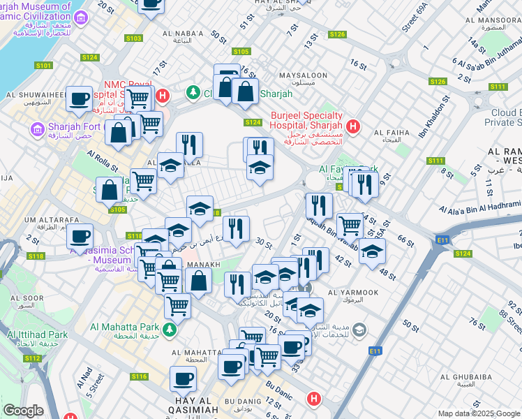 map of restaurants, bars, coffee shops, grocery stores, and more near Al Manakh in Sharjah