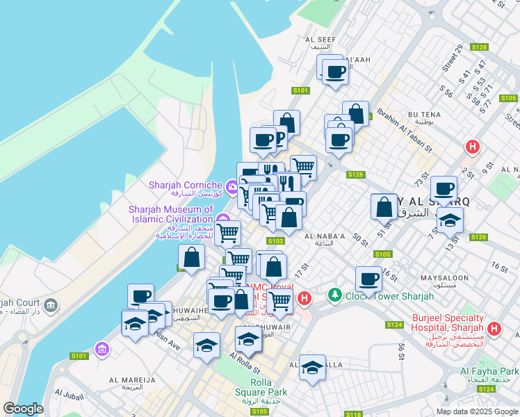 map of restaurants, bars, coffee shops, grocery stores, and more near 3 Al Andalus Square in Sharjah