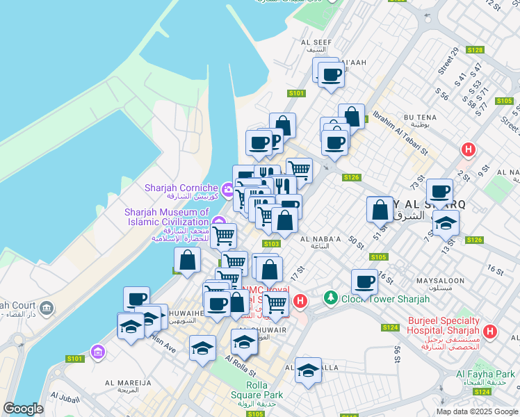 map of restaurants, bars, coffee shops, grocery stores, and more near 3 Al Andalus Square in Sharjah