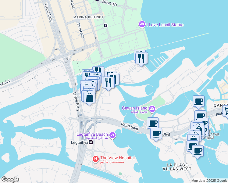 map of restaurants, bars, coffee shops, grocery stores, and more near Pearl Boulevard in Doha