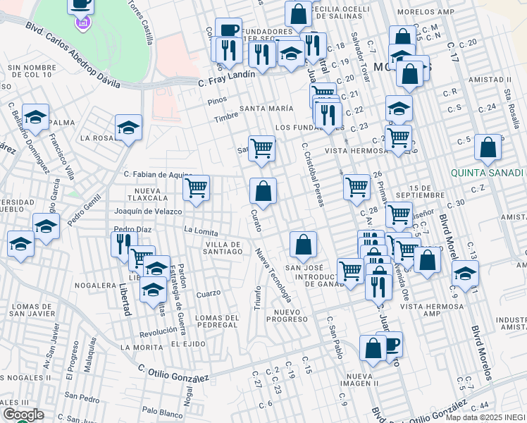 map of restaurants, bars, coffee shops, grocery stores, and more near Oriente in Saltillo