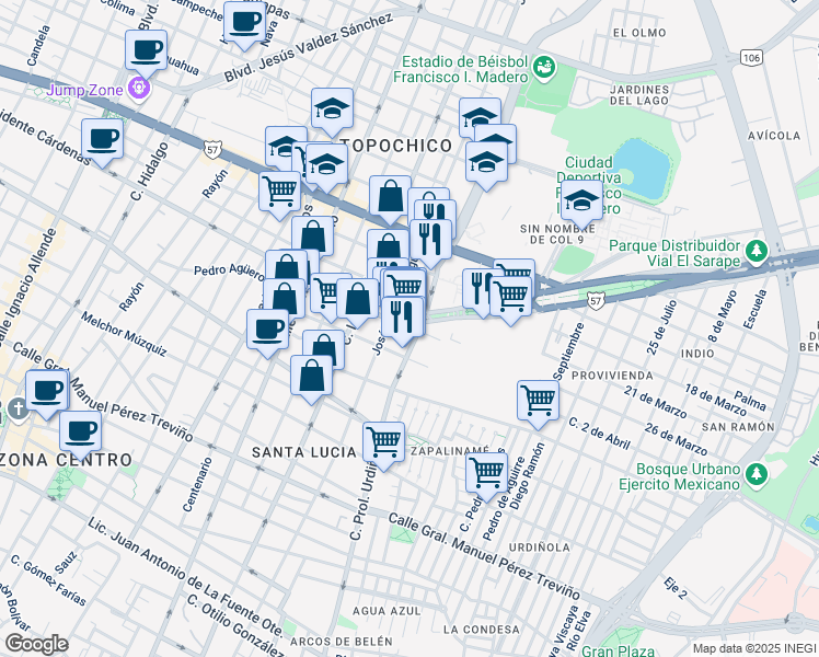 map of restaurants, bars, coffee shops, grocery stores, and more near 720 Presidente Lázaro Cárdenas in Saltillo