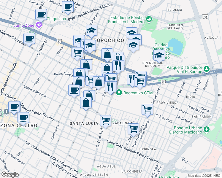 map of restaurants, bars, coffee shops, grocery stores, and more near 720 Presidente Lázaro Cárdenas in Saltillo