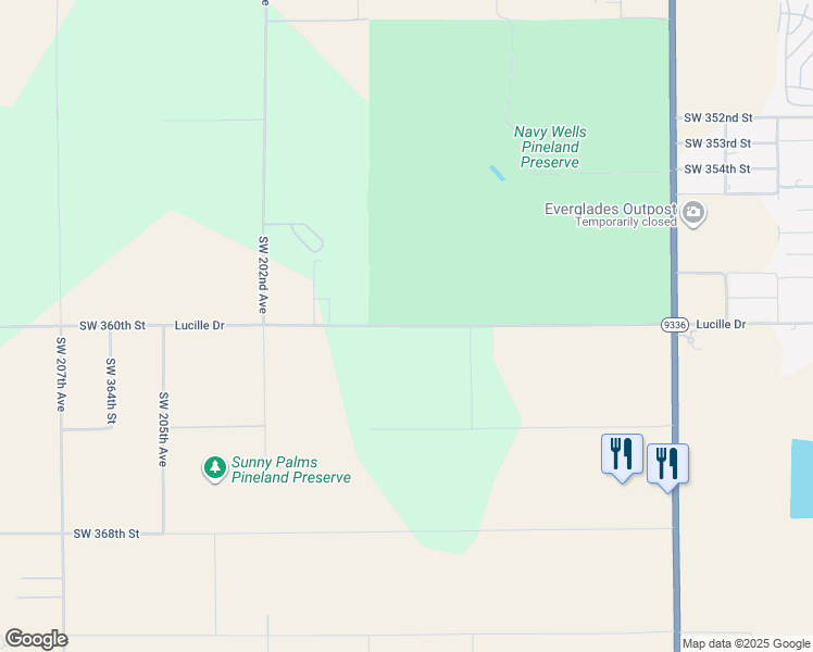 map of restaurants, bars, coffee shops, grocery stores, and more near Southwest 360th Street in Homestead