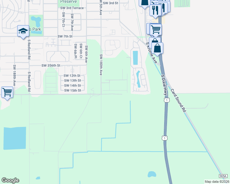 map of restaurants, bars, coffee shops, grocery stores, and more near Lucille Drive in Homestead